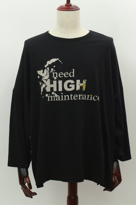 ロゴプリント ドロップ袖 片側スリット 長袖Tシャツ(ブラック)